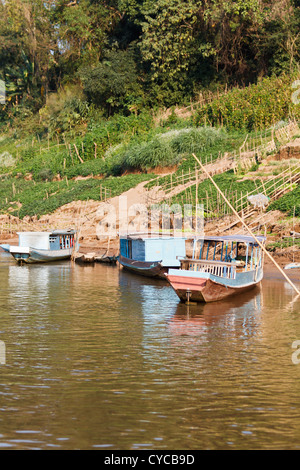 Traditionelle Flussschiffe auf dem Mekong River in der Nähe von Luang Prabang, Laos Stockfoto