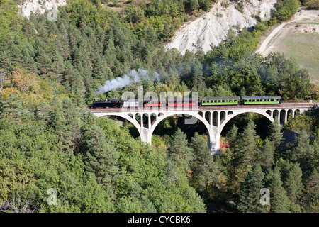 LUFTAUFNAHME. Historische und touristische Dampfeisenbahn auf einem Viadukt. Train des Pignes zwischen Entrevaux und Annot. Alpes-de-Haute-Provence, Frankreich. Stockfoto