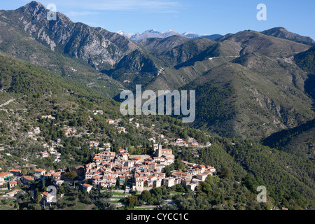 LUFTAUFNAHME. Das mittelalterliche Dorf Coaraze liegt auf einem Hügel. Hinterland der französischen Riviera, Frankreich. Stockfoto