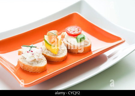 Auswahl an Vorspeisen Brot mit geräuchertem Lachs, Mozzarella und Quark Stockfoto