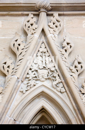 Grüner Mann in Southwell Minster in Großbritannien für die komplizierten mittelalterlichen Steinmetzarbeiten in den Kapitelsaal berühmt. Stockfoto