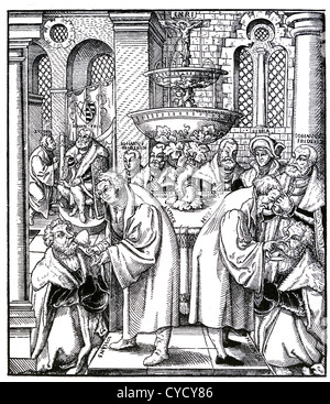 MARTIN LUTHER (1483-1546) auf der linken Seite und Jan Hus geben die Sacrement, beobachtet von einigen von den deutschen Fürsten, die sie unterstützt. Stockfoto