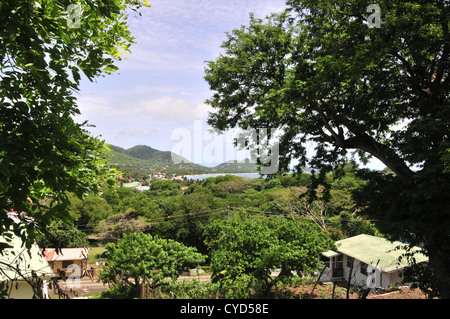Blauer Himmel weiße Wolken "Baum" Fensteransicht, Hang Häuser, Gärten, Tiefland Bäume, Hügel, Hillsborough, Carriacou, West Indies Stockfoto