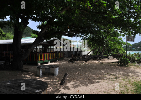 Blick auf bunte Holzbau Hartholz-Bar-Restaurant, Paradise Bay, Carriacou, West Indies, Baum, Strand Tische Sonnenschutz Stockfoto