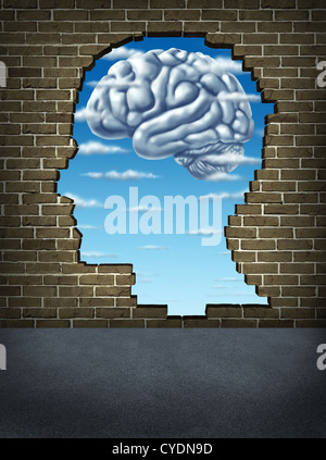 Menschlichen Intelligenz mit einer gebrochenen Mauer in Form eines Kopfes enthüllt eine Himmel und Wolken in der Form eines Gehirns als Gesundheitswesen Symbol der geistigen gut sein und Neurologie Forschung zu verstehen. Stockfoto