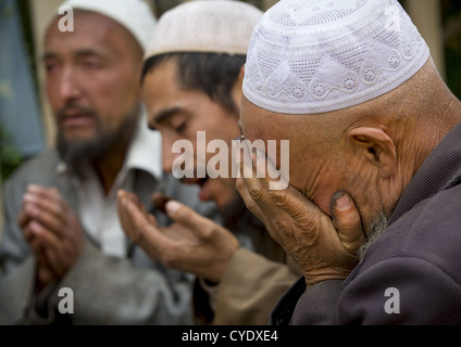 Uyghur Sufi Männer beten an Imam Asim Grab In der Taklamakan-Wüste, Xinjiang Uyghur autonome Region, China Stockfoto