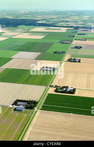 Niederlande, Emmeloord, Bauernhöfe und Polderlandschaft. Antenne. Flovopolder. Stockfoto