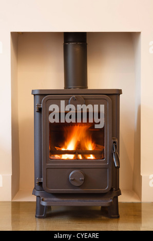 Gusseisernen Holzofen Ofen in einem modernen zeitgenössischen Kamin Stockfoto