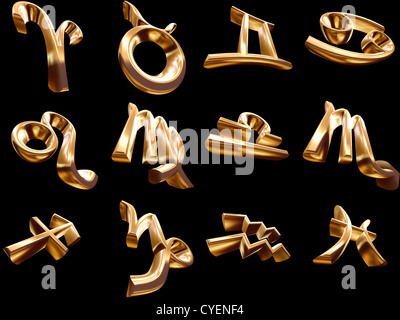 12 Zeichen der 3D-Sternzeichen in Gold Stockfoto