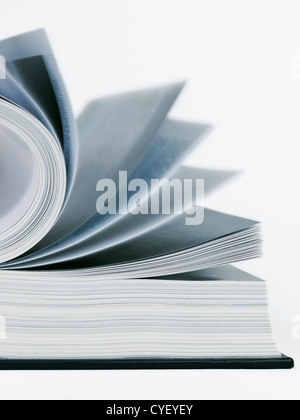 Aufgeschlagene Buch und die Seiten in Bewegung auf weißem Hintergrund Stockfoto