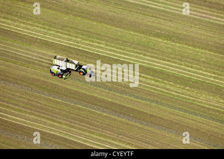 Den Niederlanden, Barneveld. Mähdrescher ernten Rasen um Heu zu produzieren. Luft. Stockfoto
