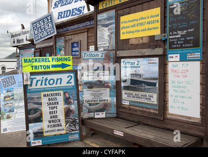 Booking offices and advertisements for boat trips, Tenby Harbour, Pembrokeshire, South Wales. Stockfoto