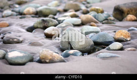 Nahaufnahme von Steinen an einem Sandstrand Stockfoto