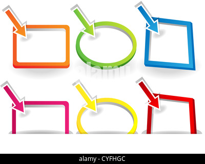 Leere weißes Schild oder Plakat innerhalb eines Rahmens mit Pfeil zeigt, verschiedene Farben und Formen mit Schatten. Stockfoto