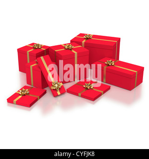 Roten Geschenk-Boxen mit goldenen Bändern in der Zusammensetzung auf weißem Hintergrund Stockfoto