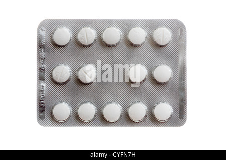 Blister mit 250 mg Stärke Penicillin VK orale Antibiotische Tabletten gegen bakterielle Infektionen Ausschnitt und isoliert auf weißem Hintergrund Stockfoto