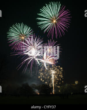 St Albans, UK. 3. November 2012. Organisiert von der Kathedrale und der Abtei von St. Alban-Kirche, im Hintergrund beleuchtet sah schätzungsweise 20.000 Menschen ein Feuerwerk von Spezialisten in Ihrer Nähe fantastische Feuerwerk Redbourn.  Lokale Wohltätigkeitsorganisationen erwarten Einnahmen auf der Veranstaltung profitieren.  Fantastisches Feuerwerk Unternehmen jetzt 27 Jahre alt, war der erste Gewinner der britischen Feuerwerk Meisterschaften im Jahr 1997 und hat im Wettbewerb international einschließlich San Sebastian, Spanien und dem Cannes Festival d ' Art pyrotechnische. Stockfoto