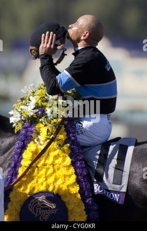 3. November 2012 gewinnt - Arcadia, Kalifornien, USA - Mike Smith am Mizdirection bei der Breeders' Cup Turt Sprint im Santa Anita Park am 3. November 2012 in Arcadia, Kalifornien... ARMANDO ARORIZO/PI (Kredit-Bild: © Armando Arorizo/Pi/Prensa Internacional/ZUMAPRESS.com) Stockfoto