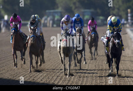 3. November 2012 - Arcadia, Kalifornien, USA - Jockey Rosie Napravnik auf Shanghai Bobby (C) gewinnt bei der Breeders' Cup Juvenille im Santa Anita Park am 3. November 2012 in Arkadien, California.ARMANDO ARORIZO/PI (Credit-Bild: © Armando Arorizo/Pi/Prensa Internacional/ZUMAPRESS.com) Stockfoto