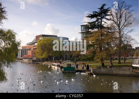 Warwickshire Stratford-upon-Avon - Blick auf das Royal Shakespeare Theatre auf der West Bank von der Avon - von der alten Straßenbahn Brücke swans-Herbst. Stockfoto