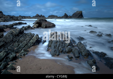 Die Flut an diesem malerischen noch dramatisch zerklüfteten Strand am Hartland Quay an der Nordküste von Devon Stockfoto