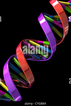 DNA-Doppelhelix-Modell auf schwarzem Hintergrund - 3D Rendern - Konzept Bild Stockfoto