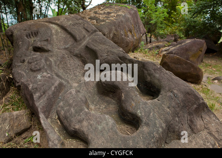 Die Krokodil Stein am Wat Phou war möglicherweise eine jährliche Opfer vor Angkor zuzeiten. Stockfoto