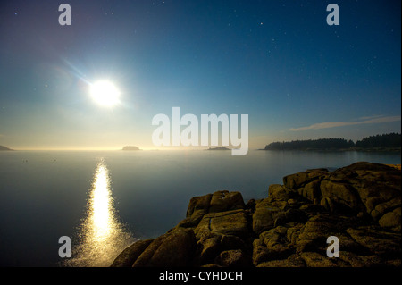 Sonnenuntergang auf dem felsigen Gelände von Deer Isle, Maine Stockfoto