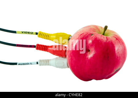 Tulpe Audio-video Kabel Stecker verbinden Sie mit Apple-Konzept. Bunt rot gelb weißen Kabel mit Noten. Stockfoto