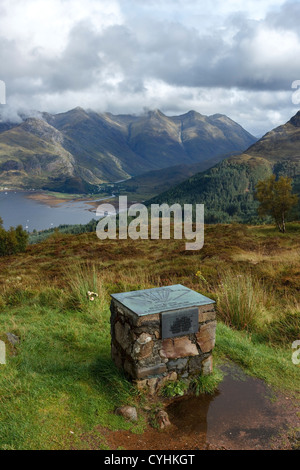 Orientierungstafel, Loch Duich und fünf Schwestern von Kintail Berge gesehen aus Bealach Ratagain Sicht, Glen Shiel, Scotland, UK Stockfoto