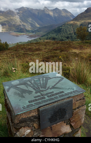 Orientierungstafel, Loch Duich und fünf Schwestern von Kintail Berge gesehen aus Bealach Ratagain Sicht, Glen Shiel, Scotland, UK Stockfoto
