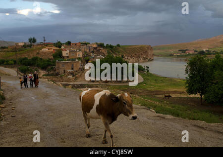 6. Mai 2012 - Hasankeyf, Batman, Türkei - sitzen am Ufer des Tigris, in den die antike Stadt Hasankeyf in einer Art Schwebezustand lebt, Tausende von Jahren der Geschichte verschwinden unter den Fluten des Projekts ILISU verdammt, für die Menschen in Hasankeyf nicht in der Lage zu bauen oder zu verkaufen Häuser, Arbeit zu finden oder sogar eine klare Antwort, wann die Vergangenheit weggespült werden, wird , diese Bedrohung hat über die Stadt jahrzehntelang hing aber nun die türkische Regierung versucht, den Damm trotz internationaler Verurteilung voranzutreiben. (Kredit-Bild: © John Wreford/ZUMAPRESS.com) Stockfoto