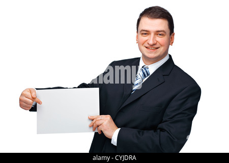 Eine erfolgreiche glücklich Geschäftsmann hält eine leere billboard Stockfoto