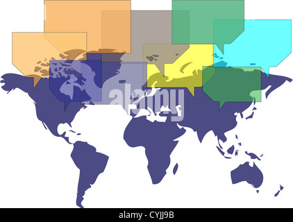 Weltkarte mit mehreren Ballons Kommunikation Stockfoto