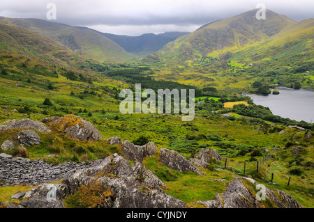 Blick vom Haely Pass auf Glanmore Lake, Caha Berge, County Kerry, Irland. Stockfoto