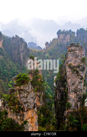 Majestätische Berggipfel durch die Wolken - Wulingyuan Forest Nationalpark - Zhangjiajie, China Stockfoto