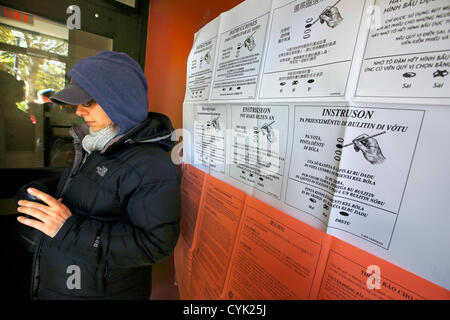 6. November 2012 - Boston, Massachusetts, USA. Eine Frau prüft ein iPhone während des Wartens im Stadtteil East Boston Boston, Dienstag, 6. November 2012 abstimmen. Stockfoto