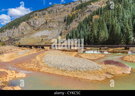 Animas River Railroad Bridge gerade aus auf der Durango Silverton und Silverton Narrow Gauge Railroad. Stockfoto