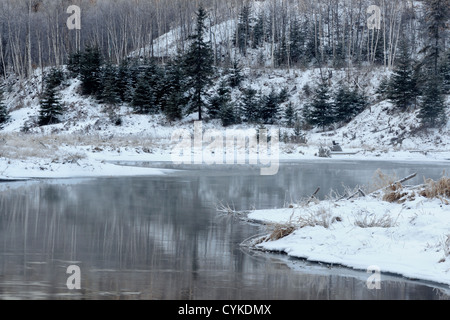 Reflexionen im Freiwasser über die Beaver dam am Creek Junction im frühen Winter, Greater Sudbury, Ontario, Kanada Stockfoto