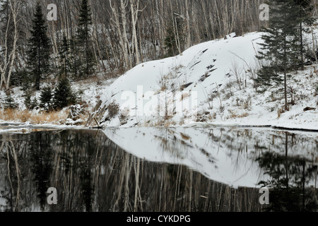 Reflexionen im Freiwasser über die Beaver dam am Creek Junction im frühen Winter, Greater Sudbury, Ontario, Kanada Stockfoto