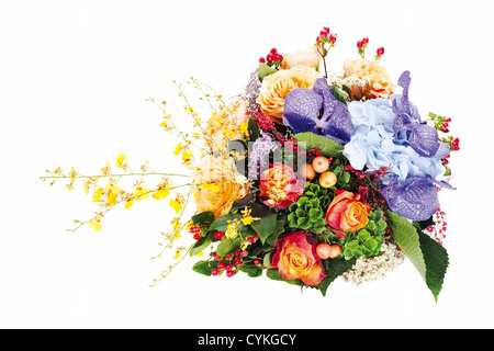 bunte Blumen Bukett von Rosen, Lilien, Freesien, Orchideen und Iris isoliert auf weißem Hintergrund Stockfoto