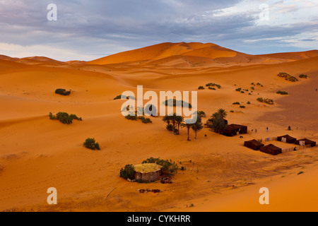 Beduinen-Lager auf Sanddüne in einer Oase in der Sahara Wüste Marokko. Stockfoto
