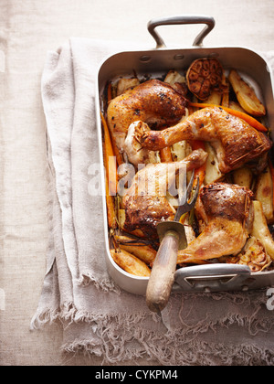 Gebratenes Huhn und Gemüse in der Pfanne Stockfoto