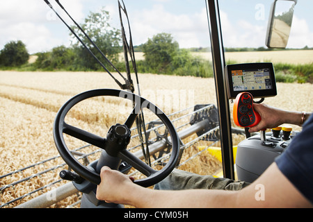 Landwirt treibende Erntemaschine im Ernte-Feld Stockfoto