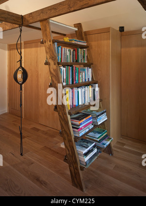 Garten, Büro, Berkhamsted, Vereinigtes Königreich. Architekt: SDP Design, 2012. Innenraum-Detail mit Bücherschrank, Leiter und Punsch Stockfoto