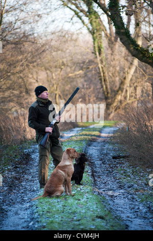 Mann, stehend mit Hunden auf das Schießen peg Stockfoto