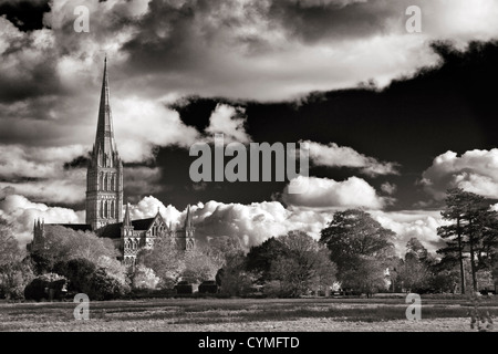 Blick auf den Turm der mittelalterlichen Kathedrale von Salisbury, Wiltshire, England, UK. Farb-Version auf CYMFPA Stockfoto