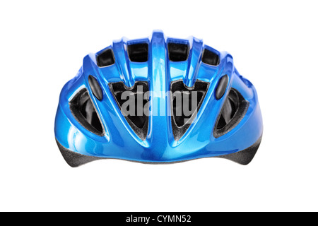 Studioaufnahme eines Helms für Radfahrer, die isoliert auf weißem Hintergrund Stockfoto