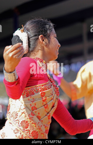 Bihu, Assamesisch Stamm Durchführung traditioneller Bihu Tanz auf Namdapha Eco Kulturfestival, Miao, Arunachal Pradesh, Indien Stockfoto