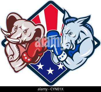 Beispiel für ein Demokrat Esel Maskottchen der demokratischen grand alte Partei Gop und republikanische Elefant Boxer Boxen mit Handschuhen Stockfoto